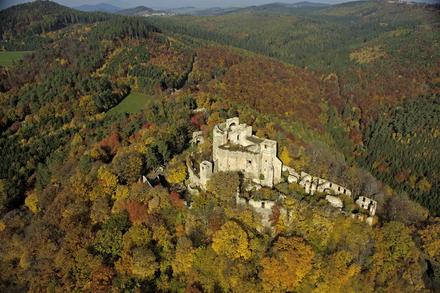 Burgruine Landsee inmitten eines herbstlich gefärbten Waldes