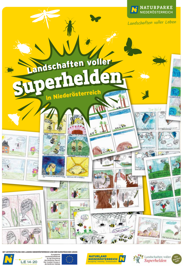 Titelseite des Comic-Bandes. Landschaften voller Superhelden. Gelb - weiß mit Kinderzeichnungen
