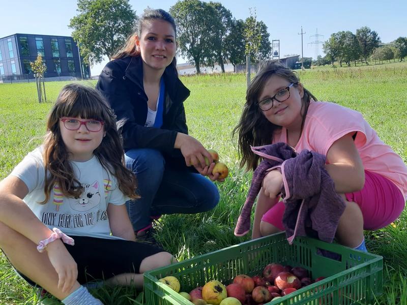 Kinder mit einer Kiste voller Äpfel